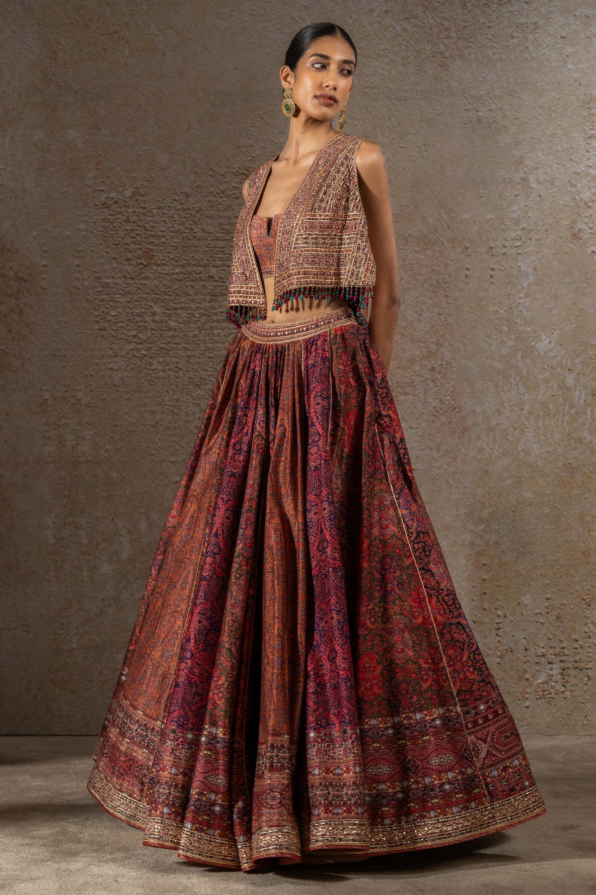 Printed lehenga and Gilet set