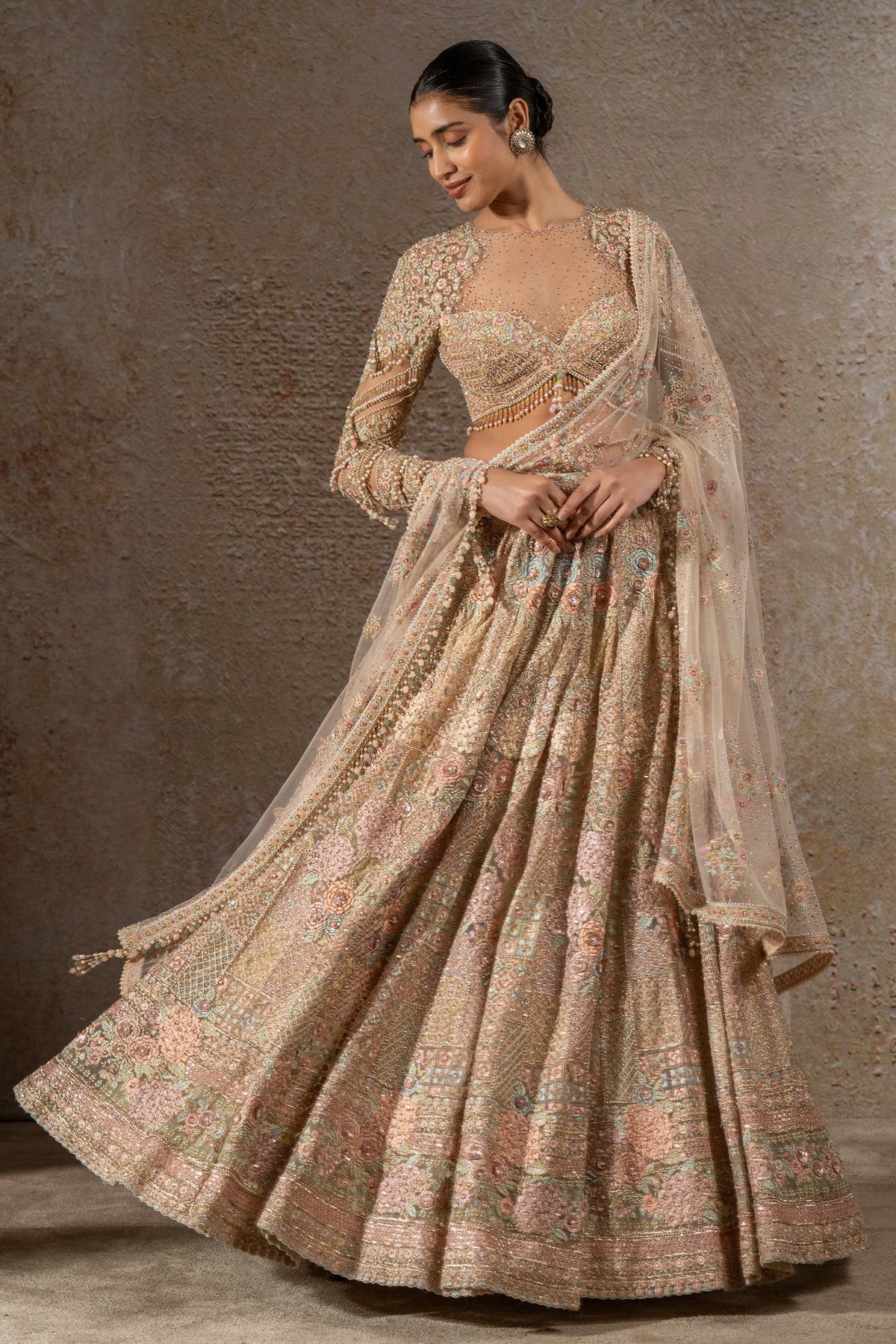 Hand Embroidered Floral Lehenga Set with Drape