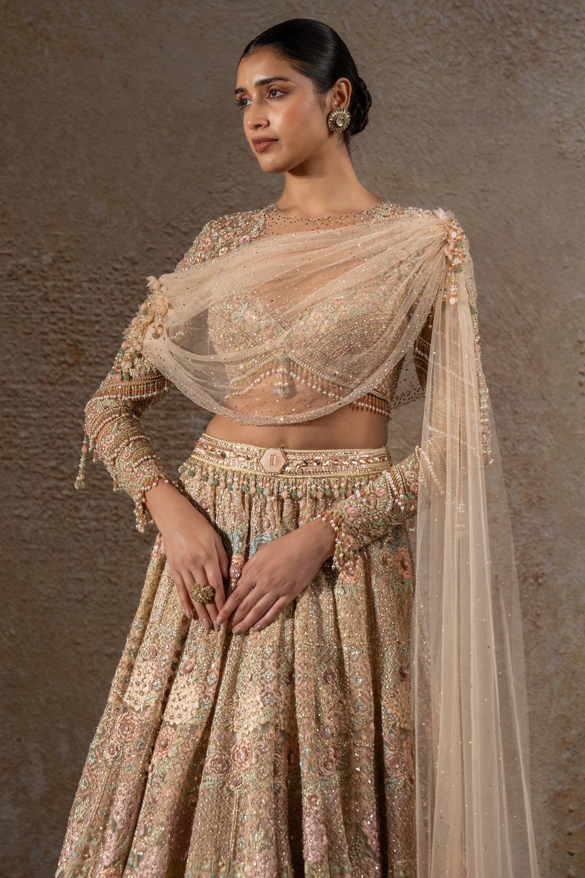 Hand Embroidered Floral Lehenga Set with Drape