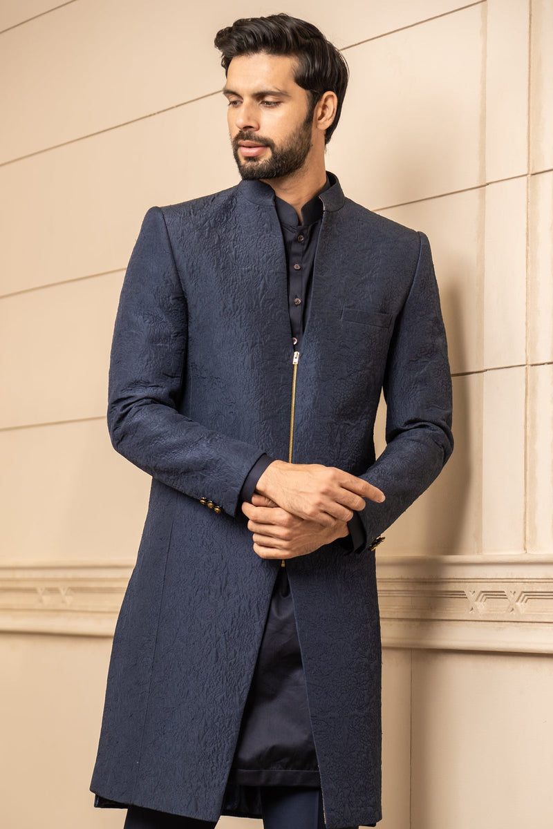 Quilted Sherwani With Metallic Zipper