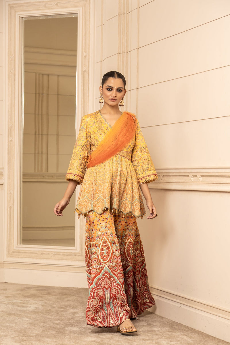 Printed Sharara, Kurti, and Drape