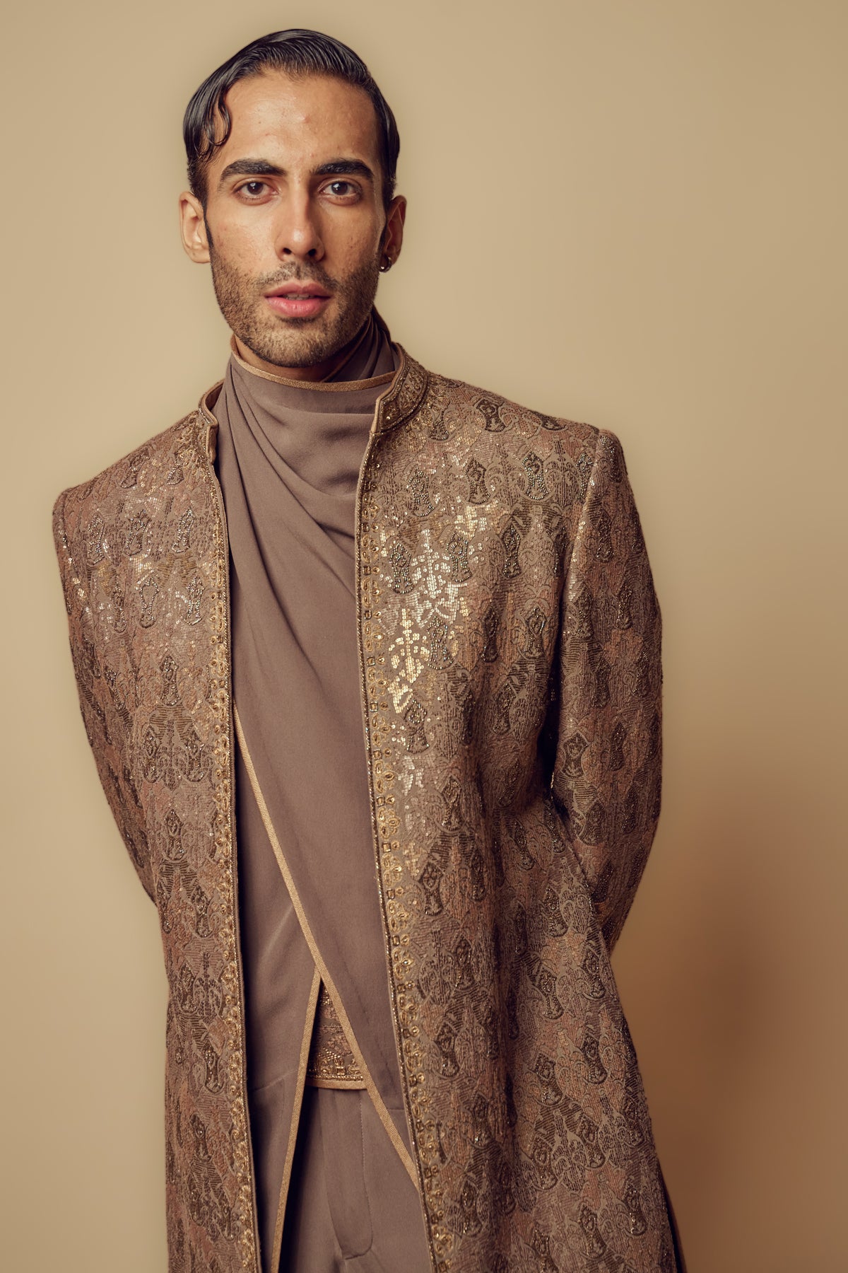 Art Deco Sherwani Set In Gun Metal