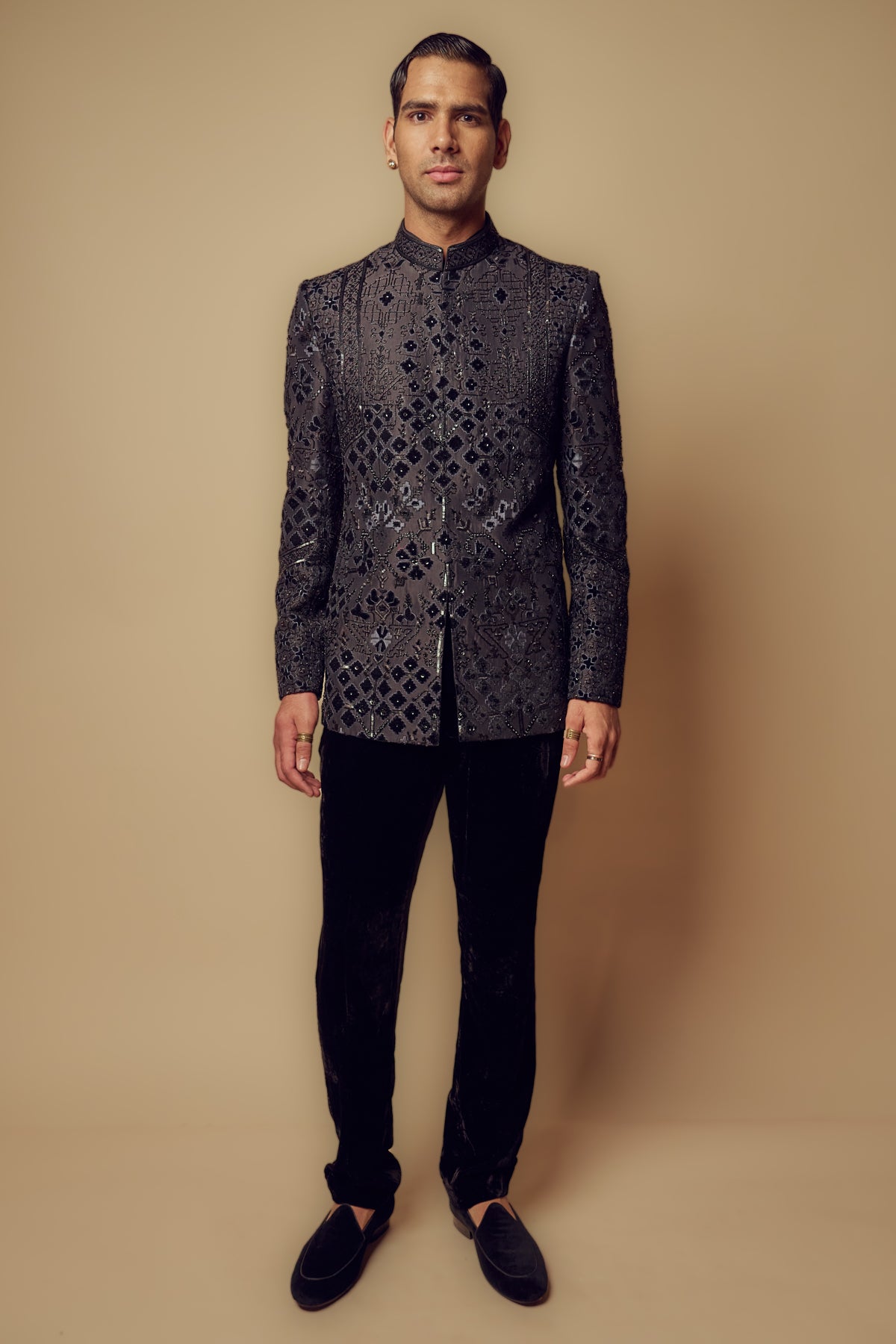 Velvet Badhgala Set In Black