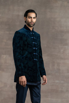 Etched Velvet Sherwani With Swarovski Detailing