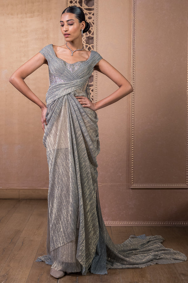 Grey Embroidered Ethnic Dhoti Saree – Lakhina Couture