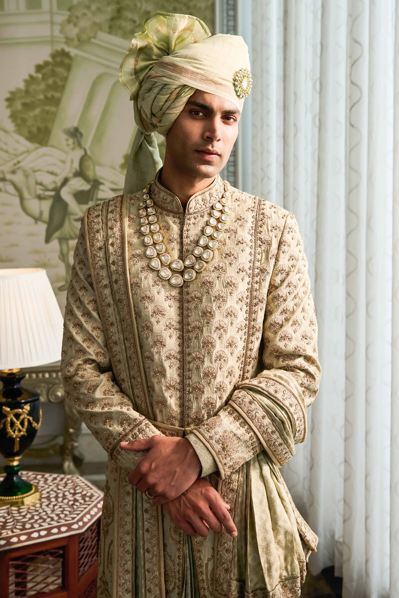 Hand Embroidered Raw Silk Sherwani