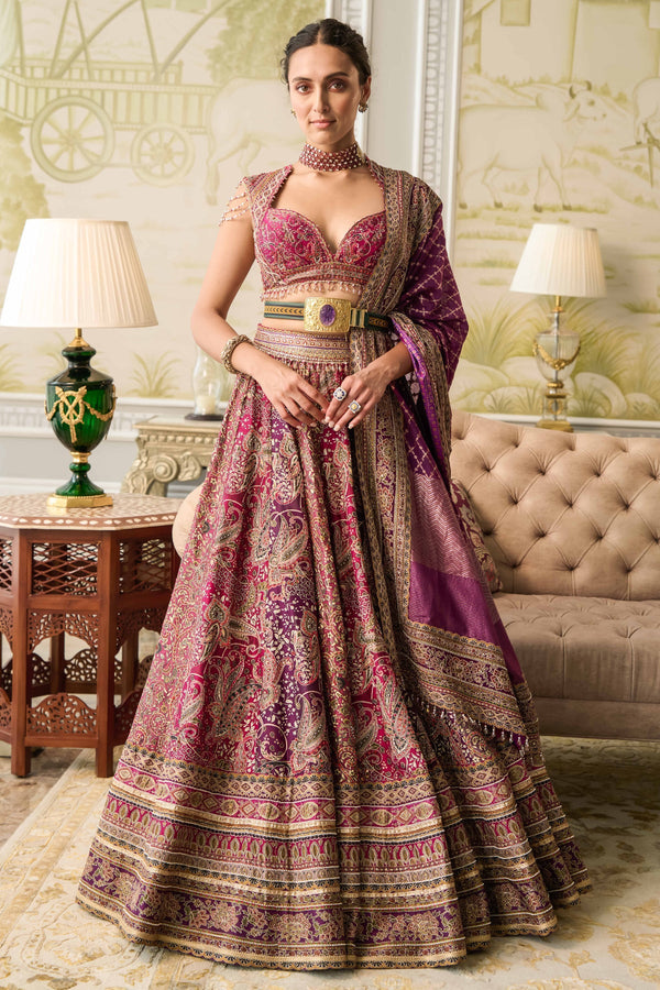 Kashida lehenga, blouse, and dupatta