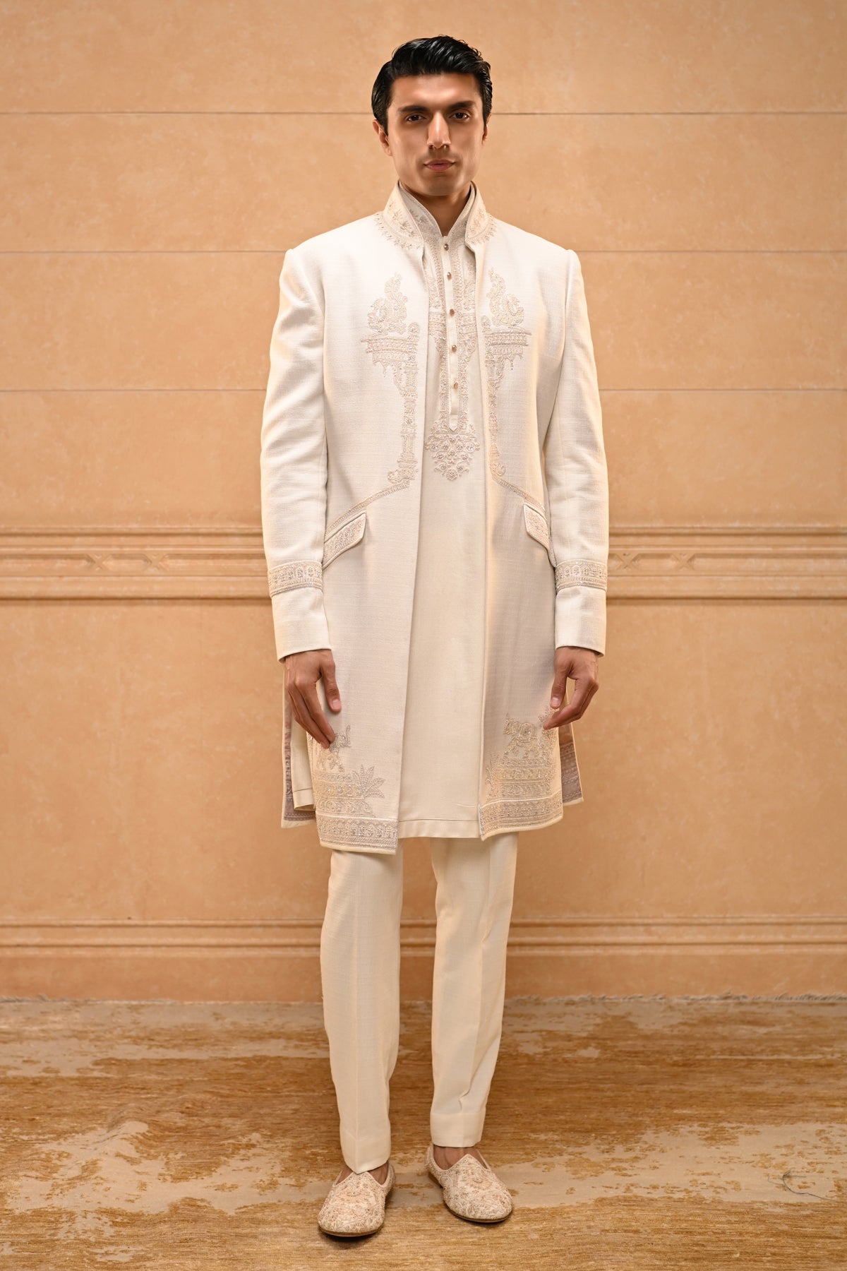Temple Motif Open Sherwani Set