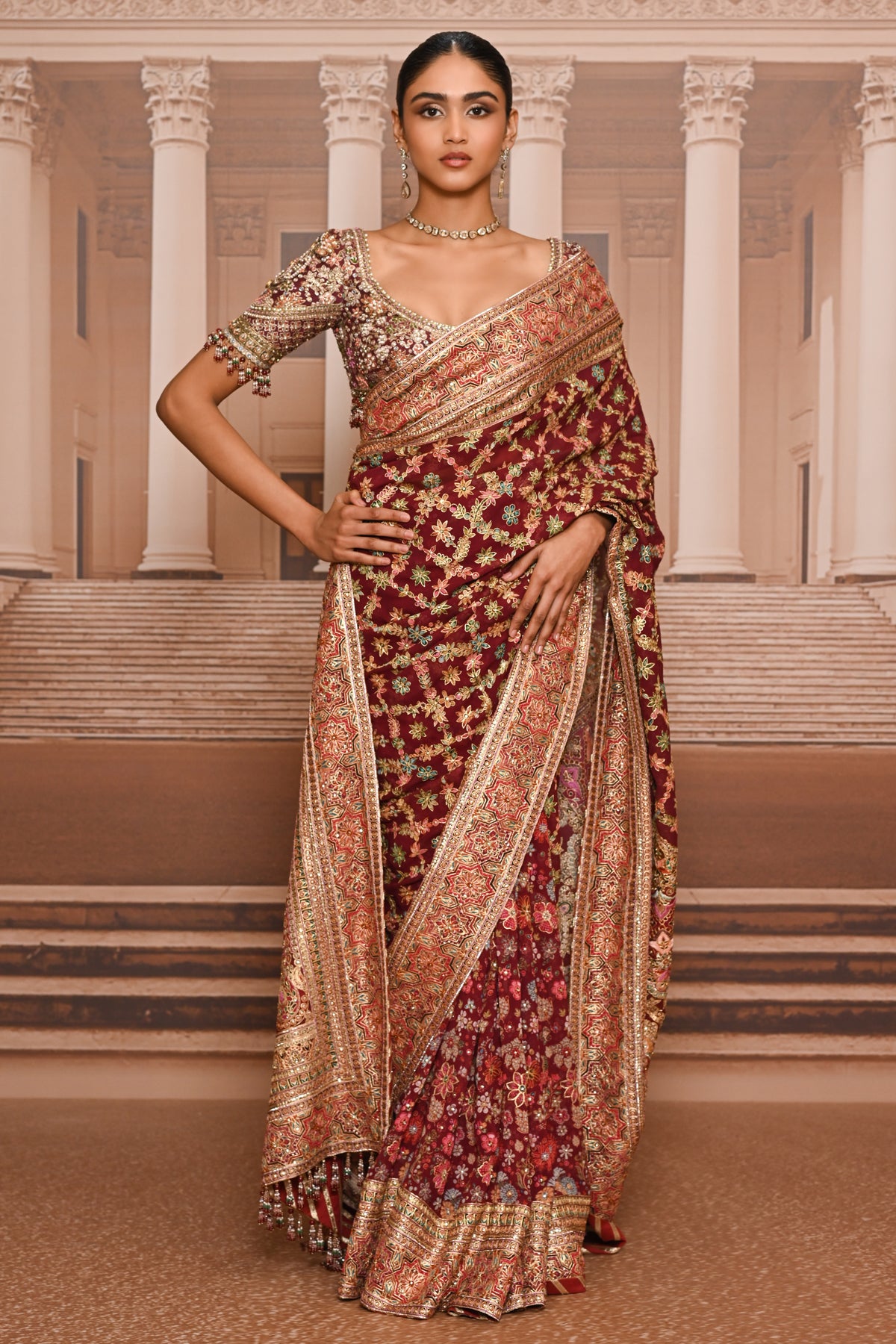 Ever Bloom Byzantium Hand-Painted Kashida Saree