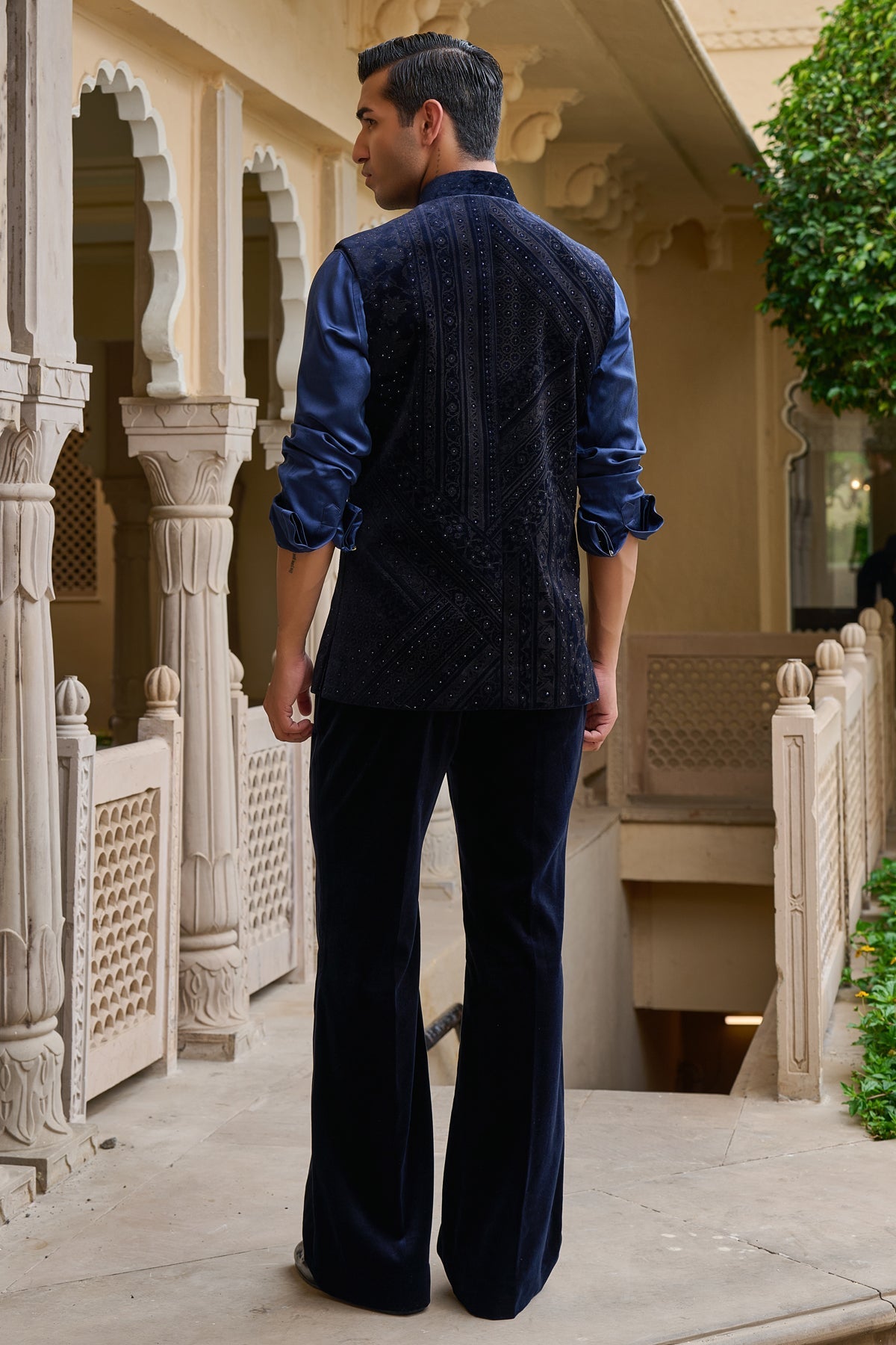 Golden Light Etched Waistcoat Set with Velvet Trousers