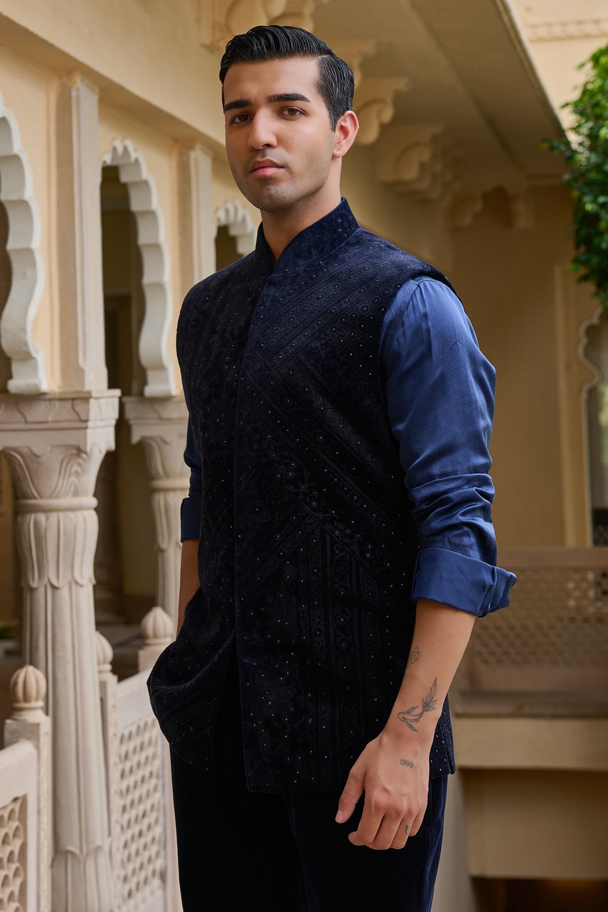 Golden Light Etched Waistcoat Set with Velvet Trousers