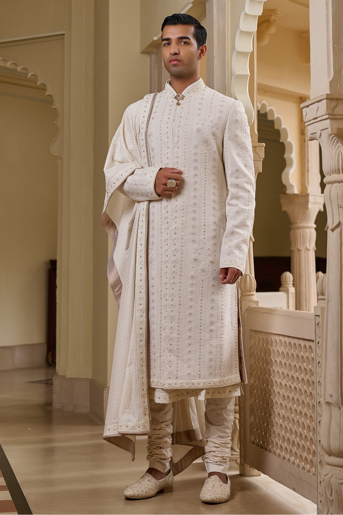 Golden Light Tonal Chikankari Sherwani Set