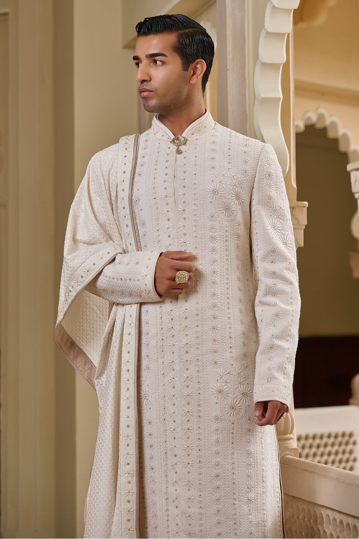 Golden Light Tonal Chikankari Sherwani Set