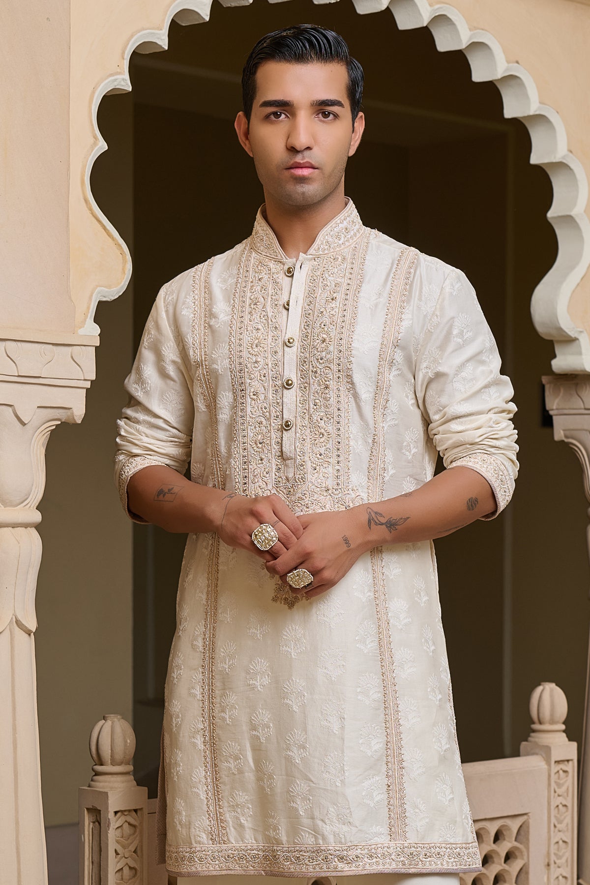 Ivory Textured Kurta Set with Pearl Detailing
