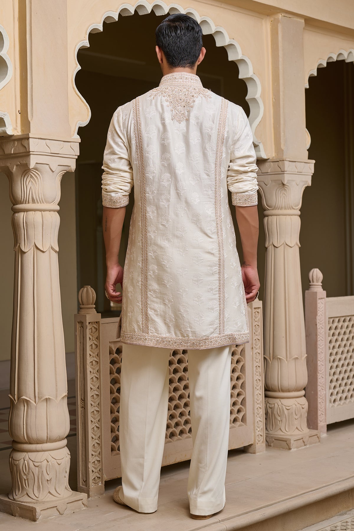 Ivory Textured Kurta Set with Pearl Detailing