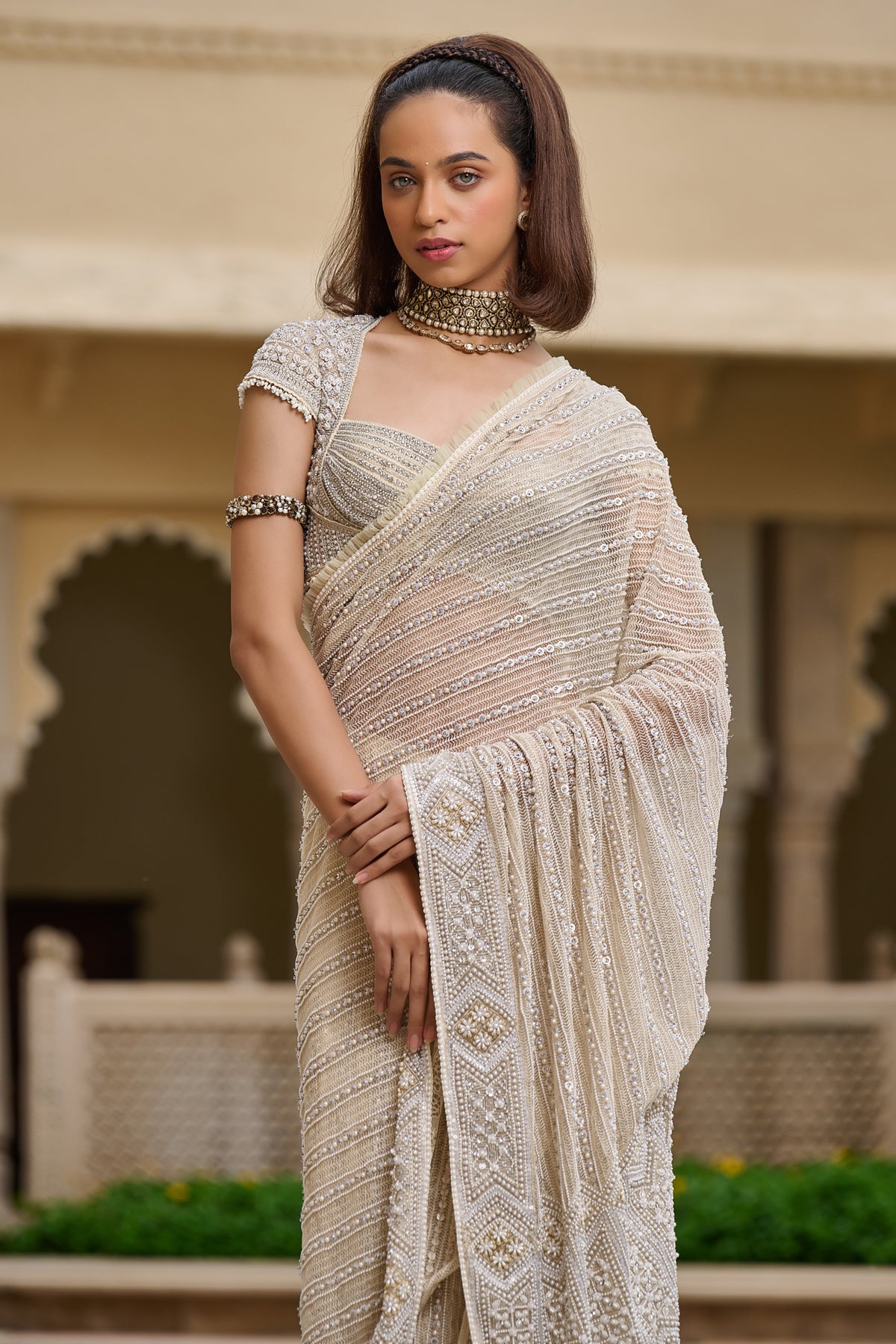 Pearl and Thread Embroidered Saree