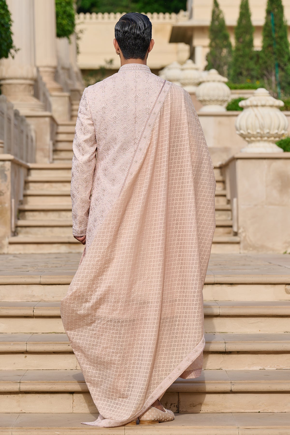 Golden Light Chikankari Sherwani Set with Dhoti