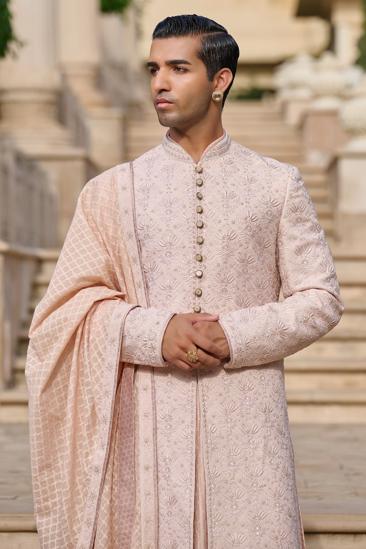 Golden Light Chikankari Sherwani Set with Dhoti