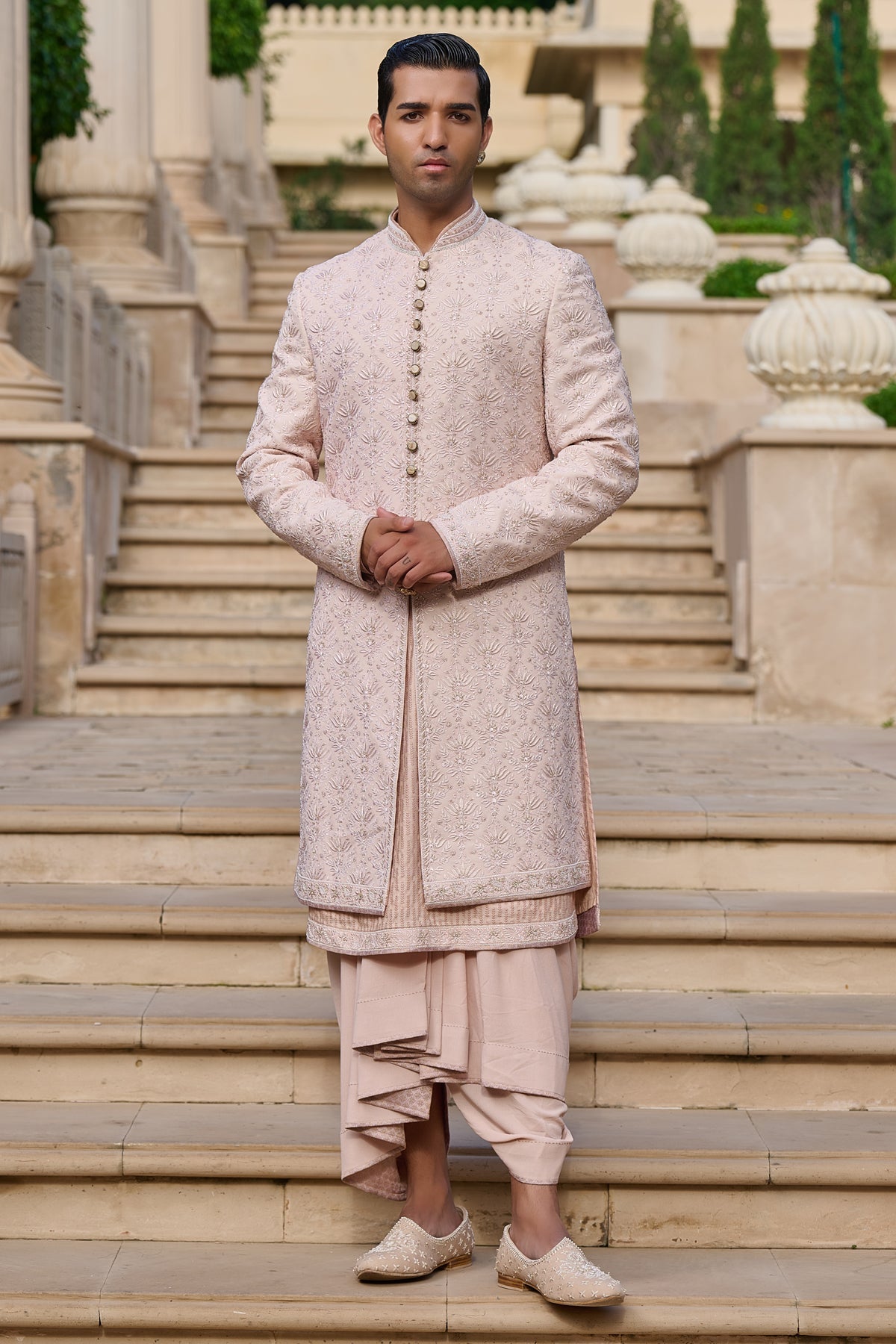 Golden Light Chikankari Sherwani Set with Dhoti