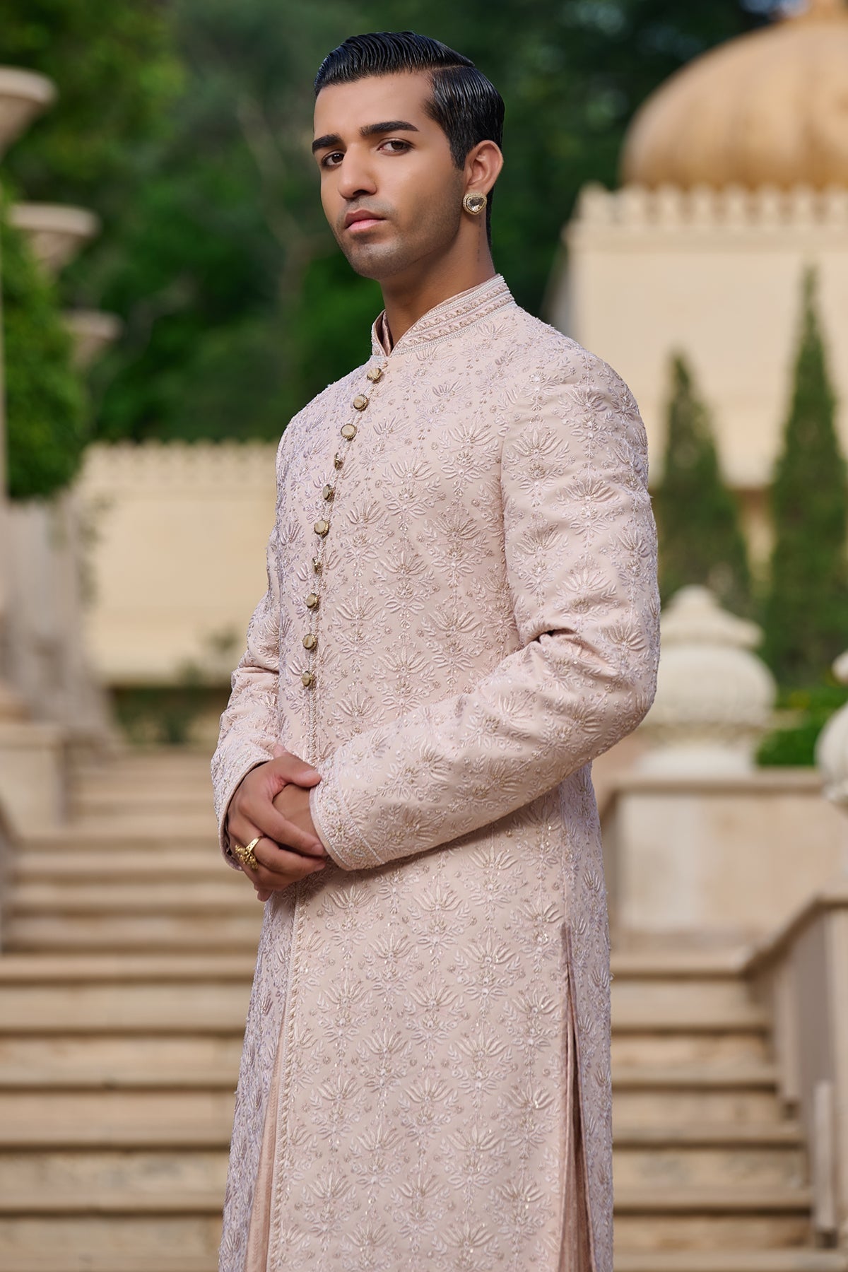 Golden Light Chikankari Sherwani Set with Dhoti