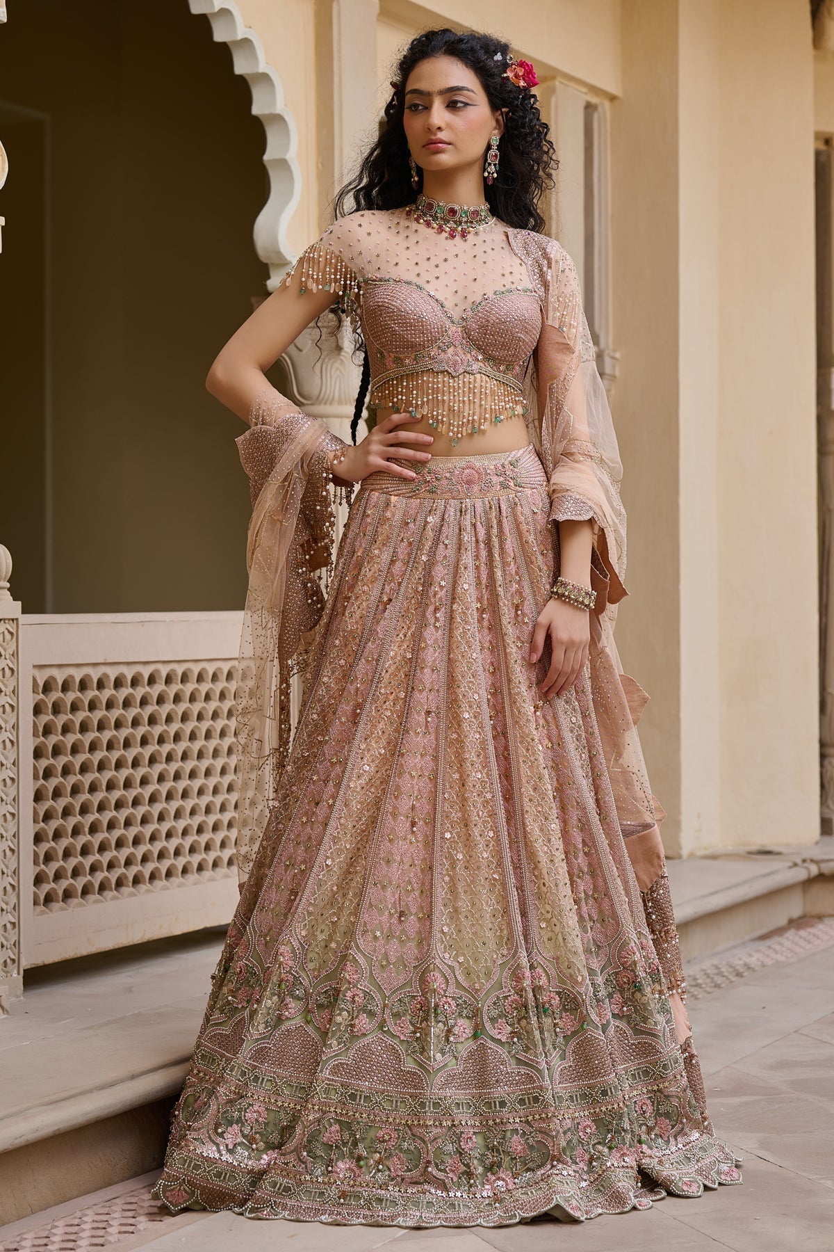 Mughal Embroidered Lehenga with Drape
