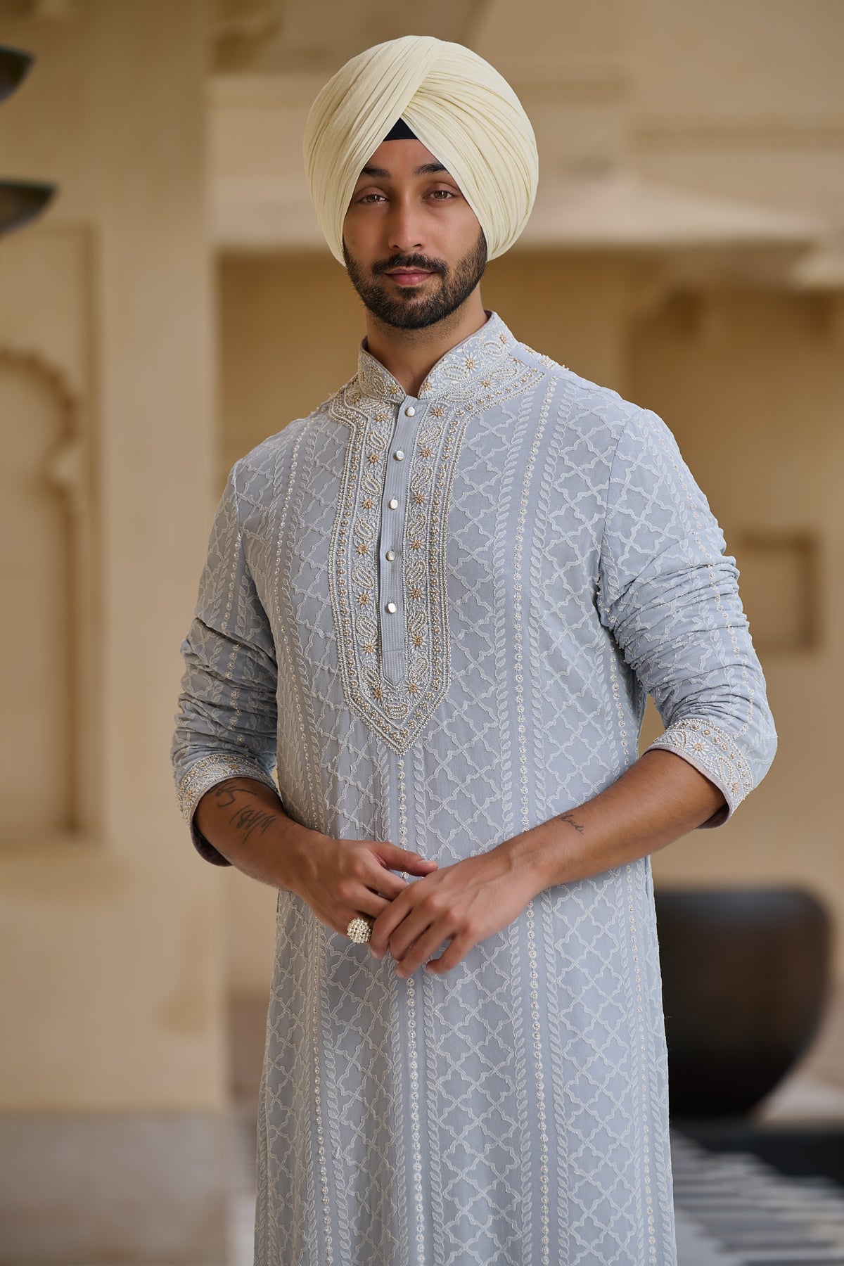 Chikankari Kurta Set with Pearl Detailing