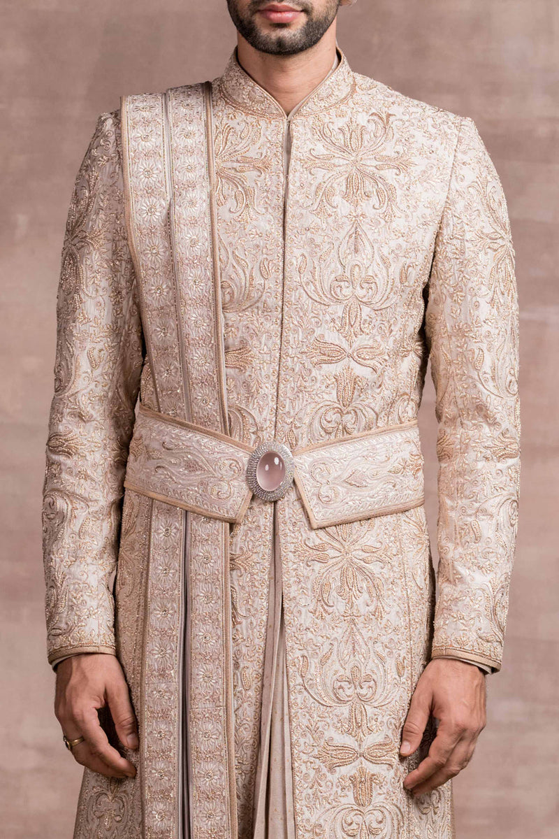 Silk Sherwani With Zardozi, Dori And Resham Work