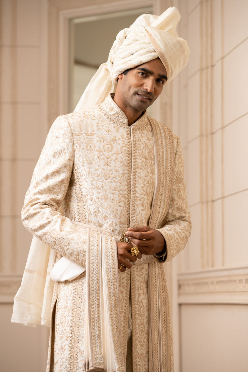 Ivory Embroidered Silk Sherwani