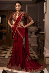 Draped Saree With Velvet Blouse