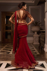 Draped Saree With Velvet Blouse