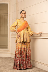 Printed Sharara, Kurti, and Drape