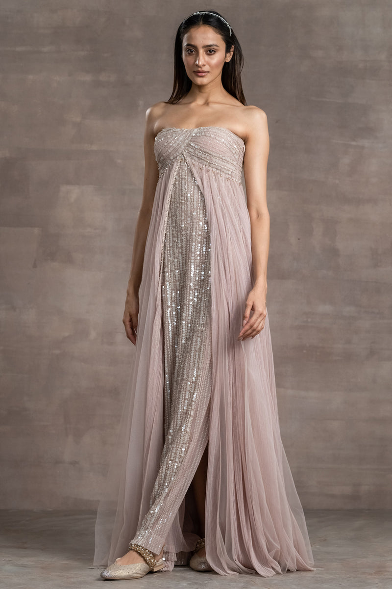Sequined gown with tulle overlay