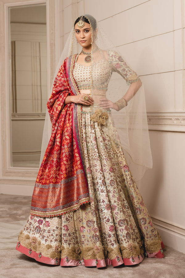 Floral Printed Lehenga With Badla Embroidery