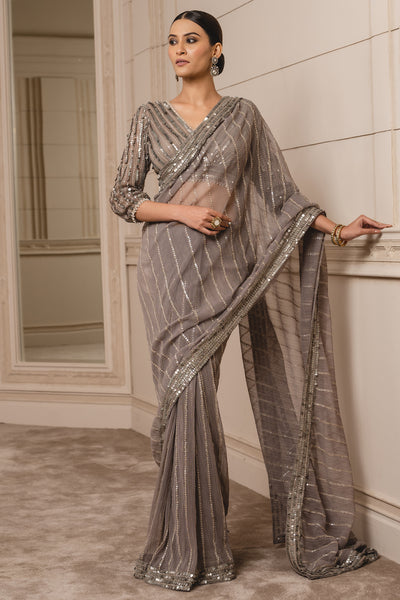 Buy Gold Colored Open Saree With Silver Foil Fabric And Net Blouse