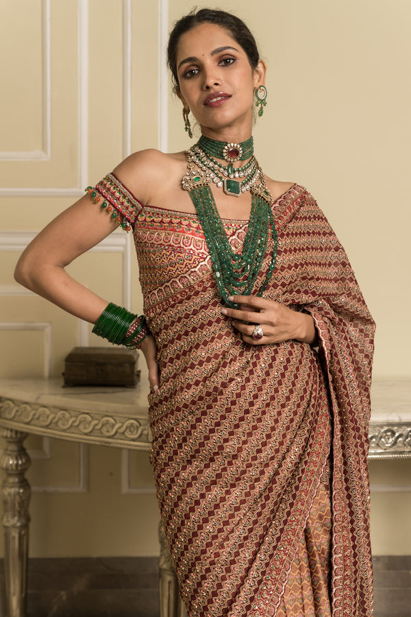 Printed saree with stylized blouse
