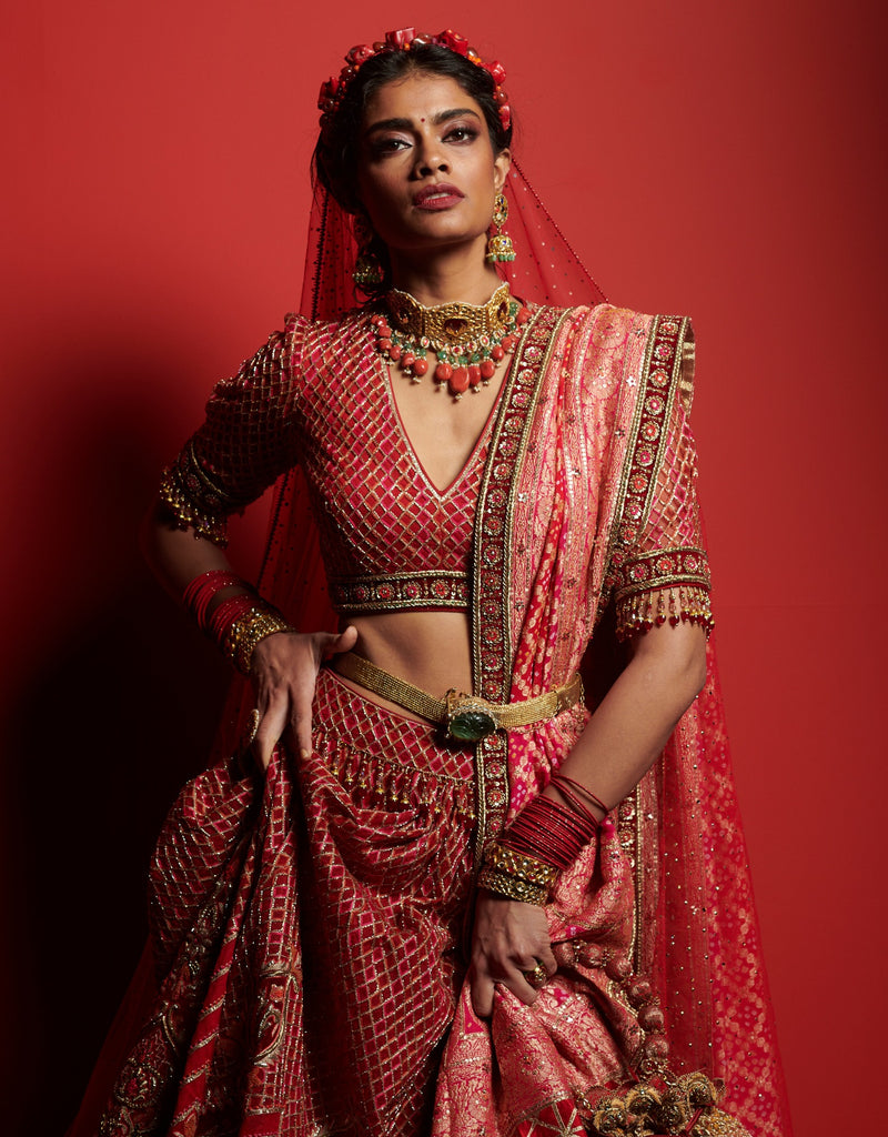 Tulle Lehenga with Grid Embroidery