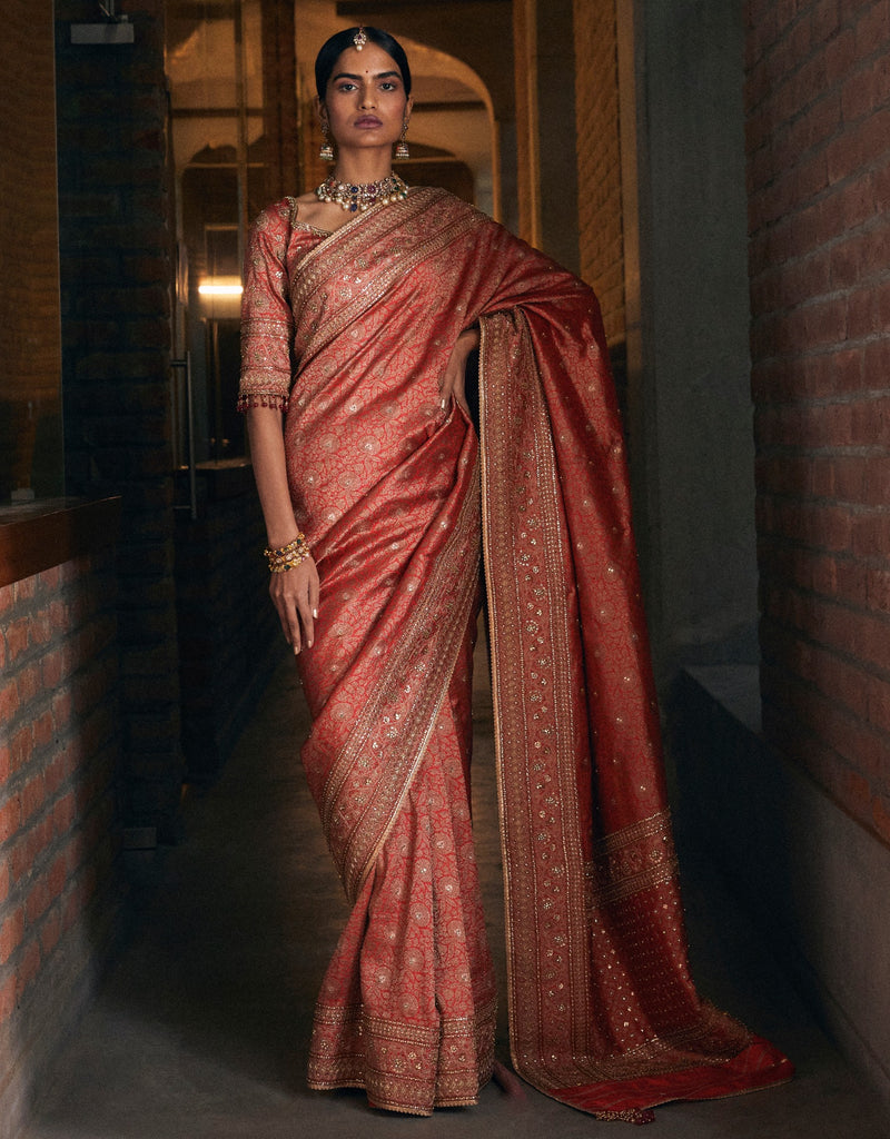 Meenakari Brocade Saree Highlighted With Kasab, Kundans And Sequins Paired With Brocade Blouse
