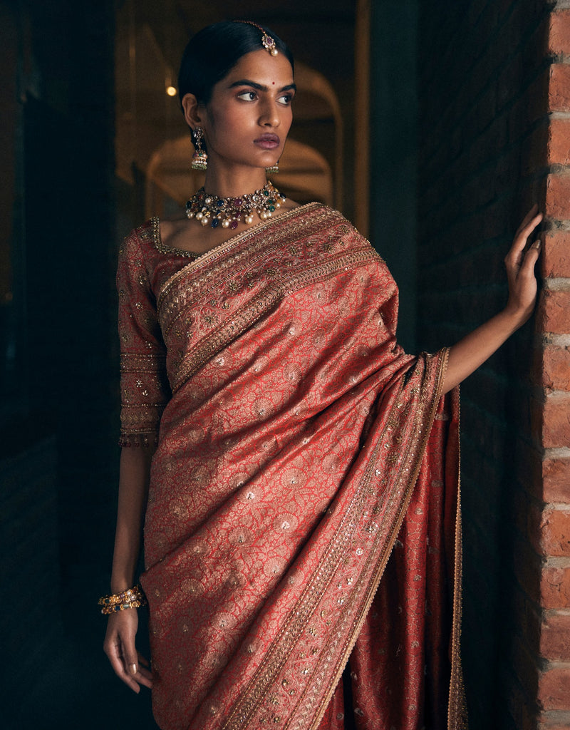 Meenakari Brocade Saree Highlighted With Kasab, Kundans And Sequins Paired With Brocade Blouse