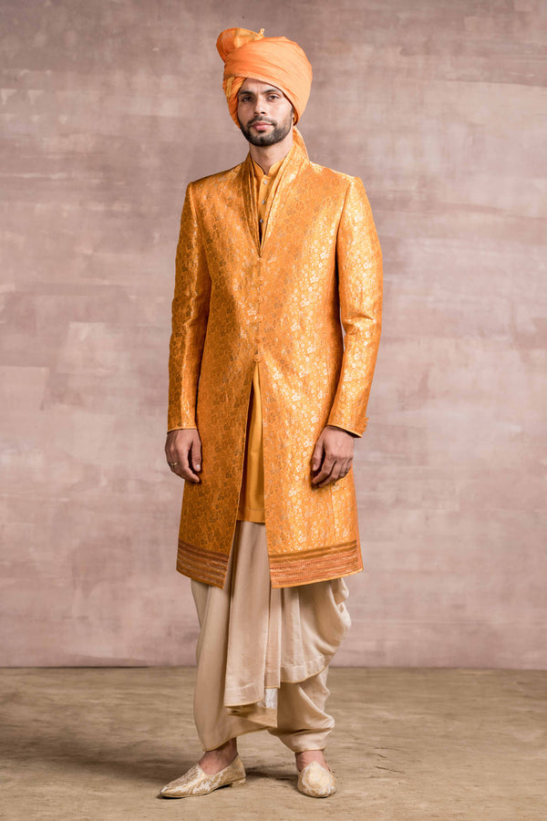 Sherwani In Silk Brocade With Drape Collar