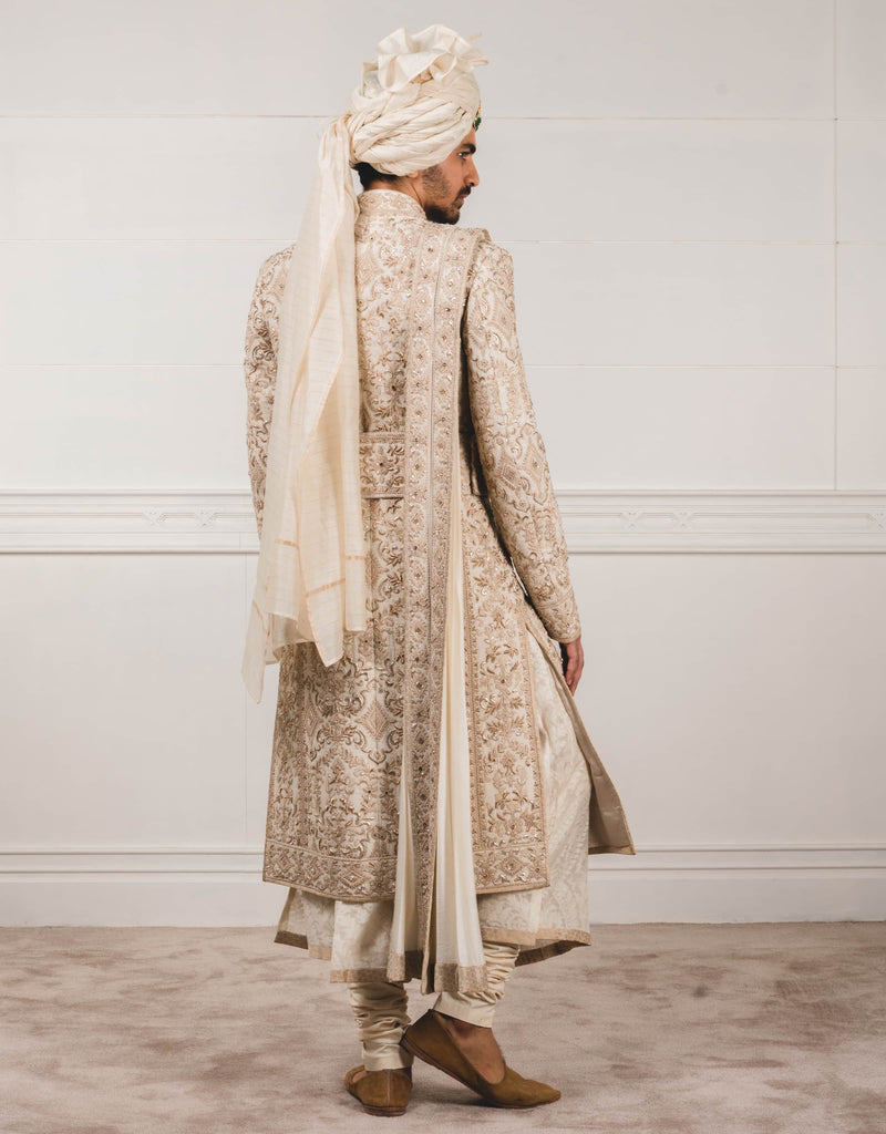 Ivory Sherwani In Matka Silk Fabric