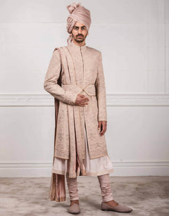 Rose Pink Sherwani In Matka Silk Fabric