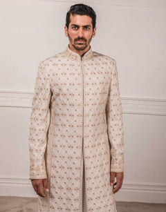 Ivory Sherwani In Raw Silk Fabric