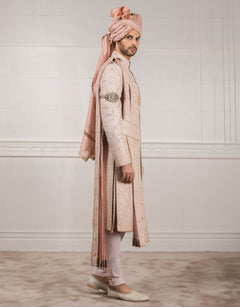 Peach Sherwani In Raw Silk Fabric