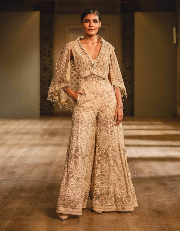 Jumpsuit With Tone On Tone Arabesque Grid Embroidery
