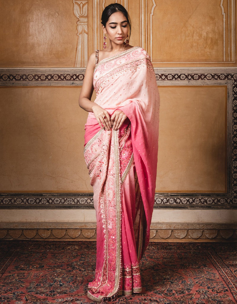 Ombre Saree In Georgette With Velvet Applique Detailing. Paired With An Embroidered Blouse With Diamonds.