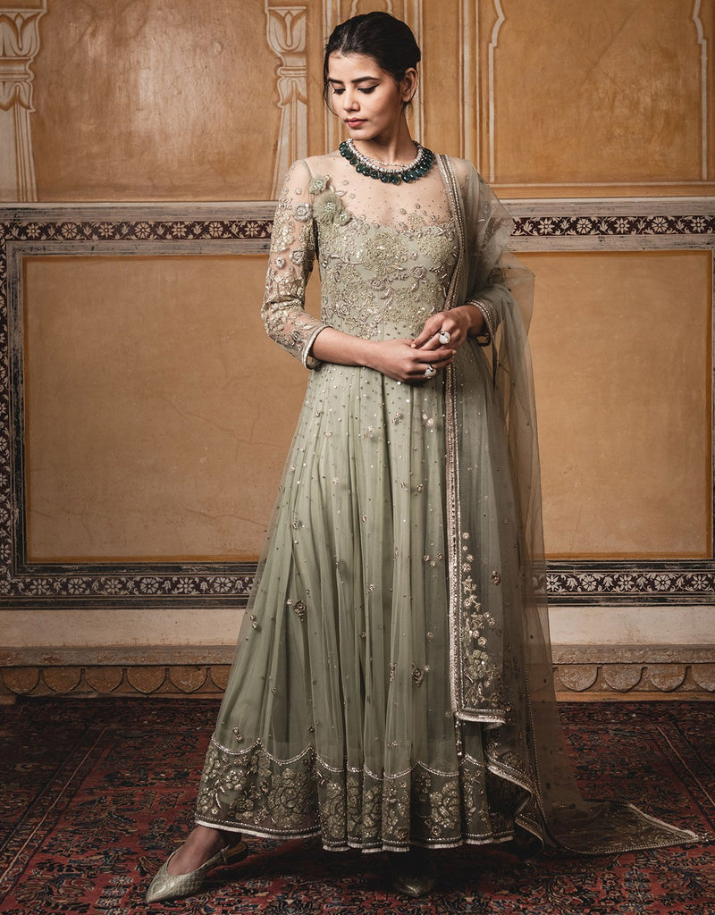 Kalidar Kurta In Tulle With Lace Applique Work