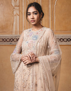 Straight Kurta In Tulle Featuring Floral Multi-Coloured Sheer Silk Applique Work, Highlighted With Sequins.