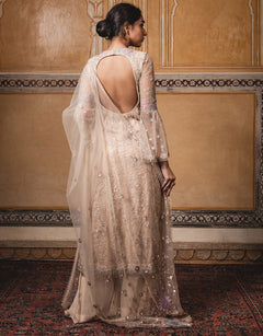Straight Kurta In Tulle Featuring Floral Multi-Coloured Sheer Silk Applique Work, Highlighted With Sequins.