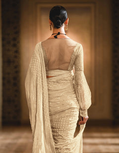 Mukaish and chikankari two piece saree paired with a blouse and a peticoat