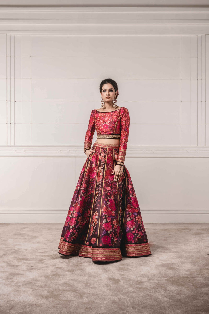 Buy Maroon Georgette Bardot Lehenga With Off Shoulder Crop Top For Women by  Pooja Peshoria Online at Aza Fashions.